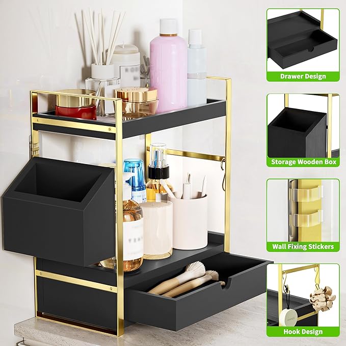 2-Tier Bathroom Counter Organizer with Drawer and Basket, Wood Countertop Organizer for Storage, Skincare Organizers for Vanity, Counter Shelf for Bathroom Organization(Black-Gold)