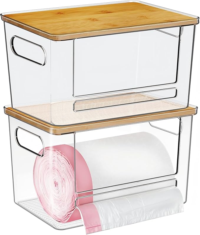 Trash Bag Dispenser 2 Pack - Under Sink Organizer, Plastic Bag Holder, Stackable Acrylic Garbage Bag Storage with Bamboo Lid for Kitchen Cabinet, 13/30/33 Gallon Grocery Bag Dispenser