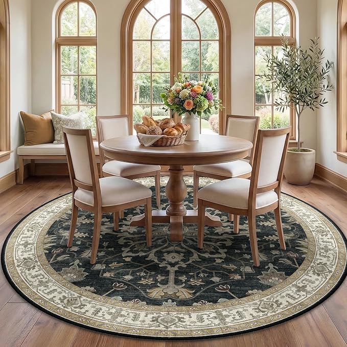 RELEANY Area Rugs Round 7ft Washable Non-Slip, Floral Vintage Distress Medallion Carpet for Living Room Bedroom Dining Room, Vintage Black Brown Neutral