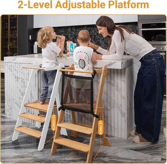 COSYLAND Foldable Toddler Standing Tower - Adjustable Height Folding Step Stool Kids Toddler Kitchen Stool for Learning and Cooking - Ages 18 Months to 6 Years with Safety Net Natural & White