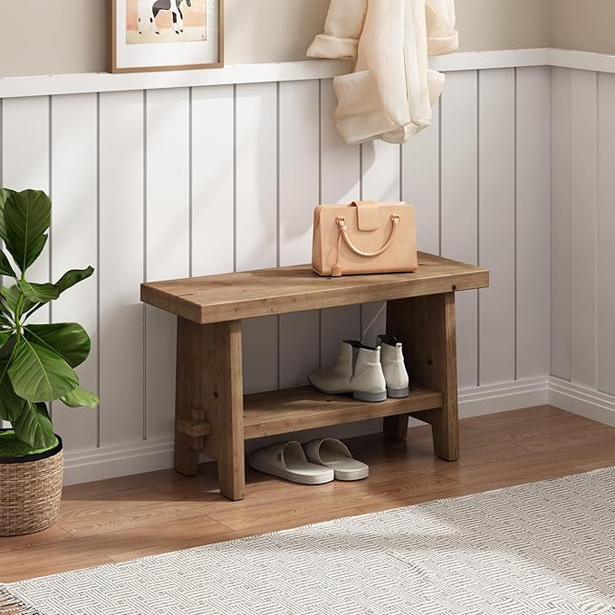 HOKYHOKY Solid Wood Entryway Bench - 31.5" Farmhouse Small Storage Bench, Rustic Narrow Bench Seat for Indoor, Entryway, Dining Room, Living Room and Hallway, Brown