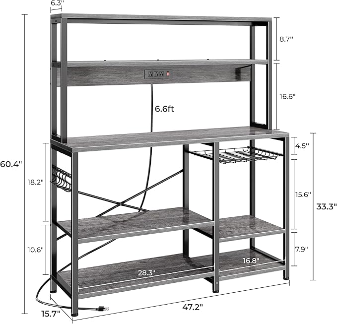 SUPERJARE Bakers Rack with Power Outlet, 47.2 Inches Coffee Bar with 3 Level-Adjustable Open Shelves, Wire Basket, Kitchen Microwave Stand with 6 S-Shaped Hooks, Grey