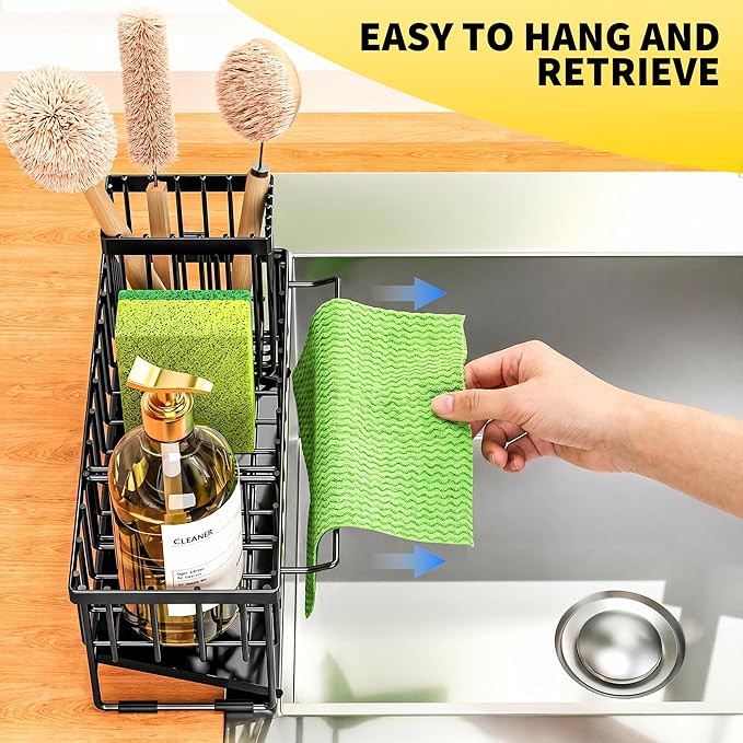 Cisily Kitchen Sink Caddy Organizer with High Brush Holder, Sponge Holder for Sink, 304 Rustproof Stainless Steel, Countertop Soap Dispenser Organizer, Black with Towel Rack, 9.25