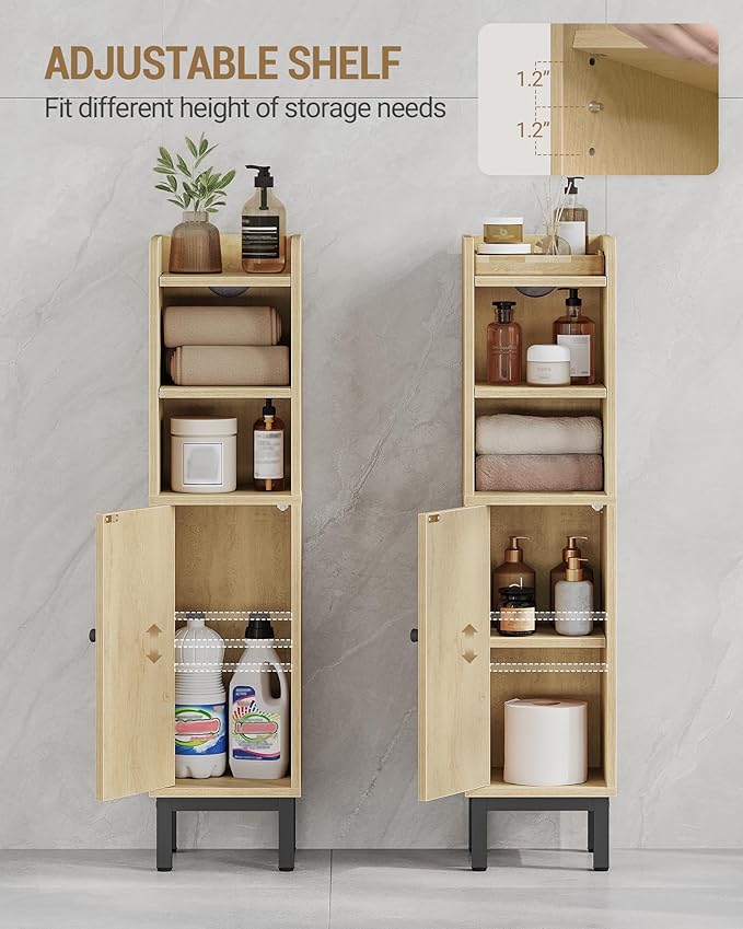 Hzuaneri Bathroom Storage Cabinet, Small Corner Floor Cabinet with Door and Shelves, Narrow Toilet Paper Holder, Bathroom Organizer with Adjustable Shelf, for Small Spaces, Yellow BC08202B