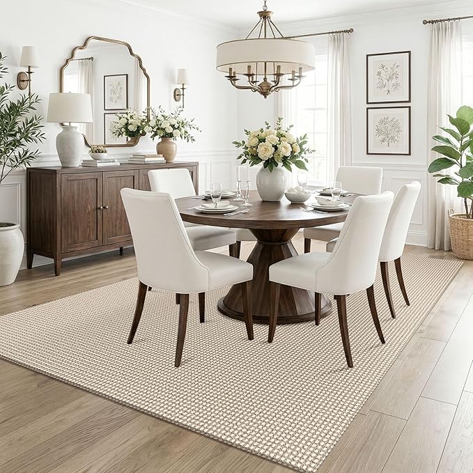 KOZYFLY Washable 5x7 Living Room Rug, Non Slip Woven Area Rugs, Braided Floor Carpet for Entryway, Kitchen, Bedroom, Dining Room, Office, Cotton Rug Indoor Decor, Ivory/Camel/Brown