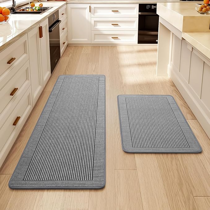 Kitchen Mats for Floor, 17''x30''+17''x47''Kitchen Rugs Set of 2, Washable Non Slip Absorbent Kitchen Mat, Braided Kitchen Runner Rug, Kitchen Sink Rug, Grey