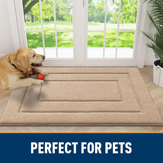 Smiry Dog Door Mat for Muddy Paws, Absorbs Moisture and Dirt, Low-Profile Entryway Mat with Non-Slip Backing, Entry Indoor Outdoor Doormat for Inside Floor (36x24 Inches, Beige, Bordered)