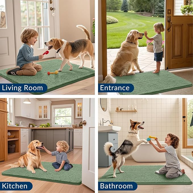 Smiry Dog Door Mat for Muddy Paws 71x46, Absorbent Dirt Trapper, Non-Slip Washable Chenille Entryway Rug for Inside Floor, Olive Green, Classic Solid
