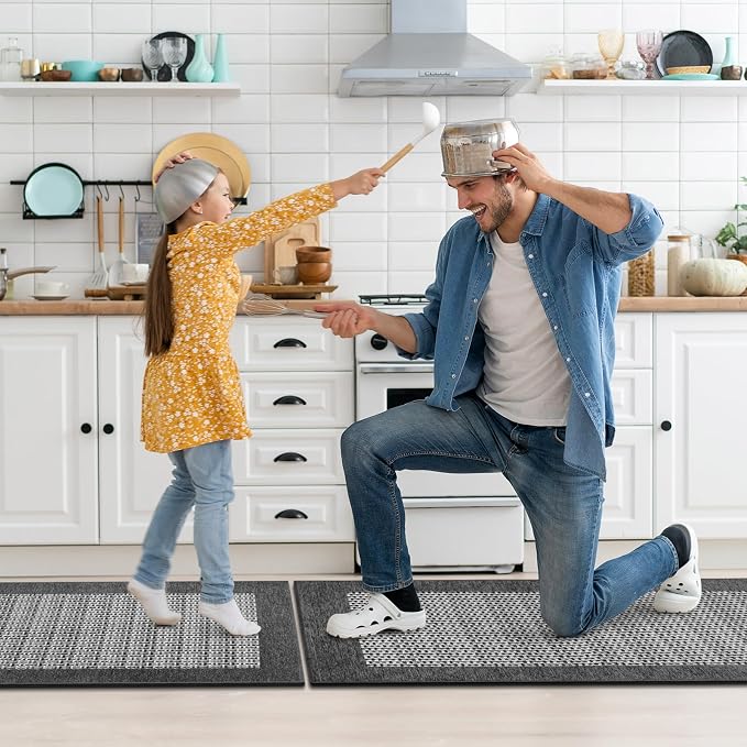 StepRite Kitchen Mats for Floor, Non-Slip Kitchen Rugs Set of 2 PCS, Super Absorbent Washable Kitchen Mats with Rubber Backing, Runner Mats for Front of Sink (20"x32"+20"x47" Grey)