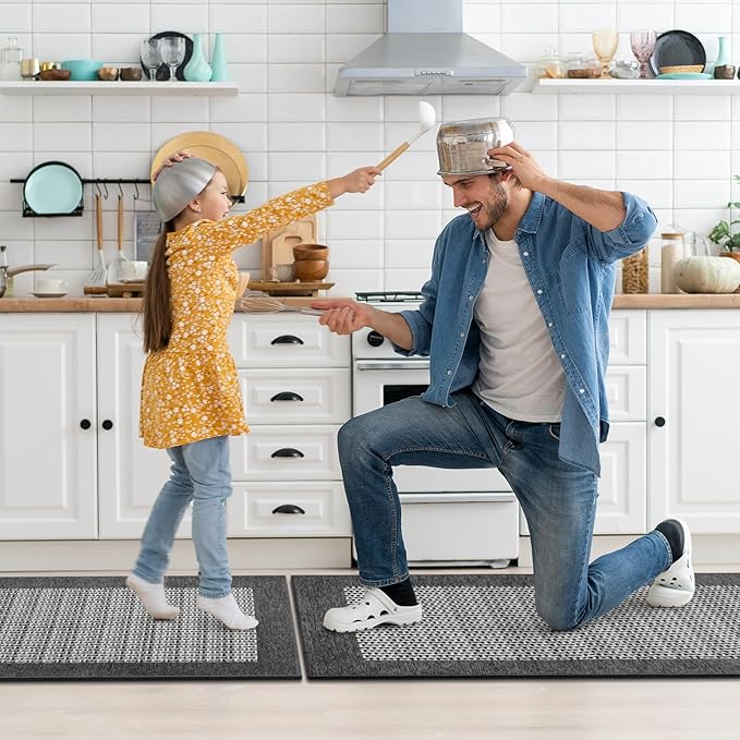 StepRite Kitchen Mats for Floor, Non-Slip Kitchen Rugs Set of 2 PCS, Super Absorbent Washable Kitchen Mats with Rubber Backing, Runner Mats for Front of Sink (20"x32"+20"x72" Grey)