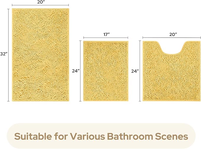 HOMEIDEAS 3 Pieces Bathroom Rugs, Ultra Soft Non Slip Absorbent Chenille Toilet Bath Mat Set (Yellow)