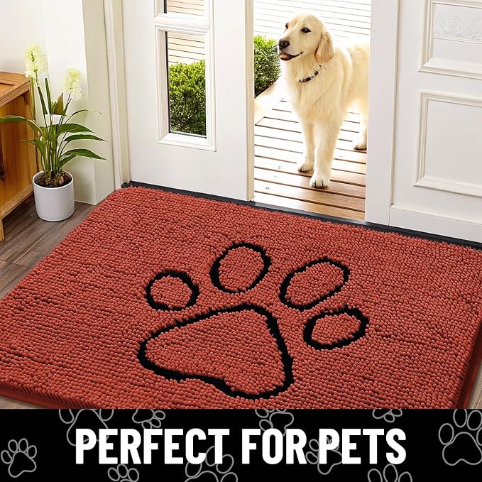 Smiry Dog Door Mat for Muddy Paws, Absorbent Dirt Trapper Non Slip Quick Dry Washable Chenille Mat for Mud Dogs, Entry Rug for Indoor and Outdoor (30x20 Inches, Maple Red and Black)