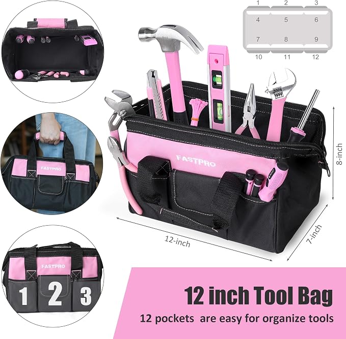 FASTPRO 215-Piece Pink Tool Set, Home Repairing Tool Set with 12-Inch Wide Mouth Open Storage Bag, Household Hand Tool Kit, Pink