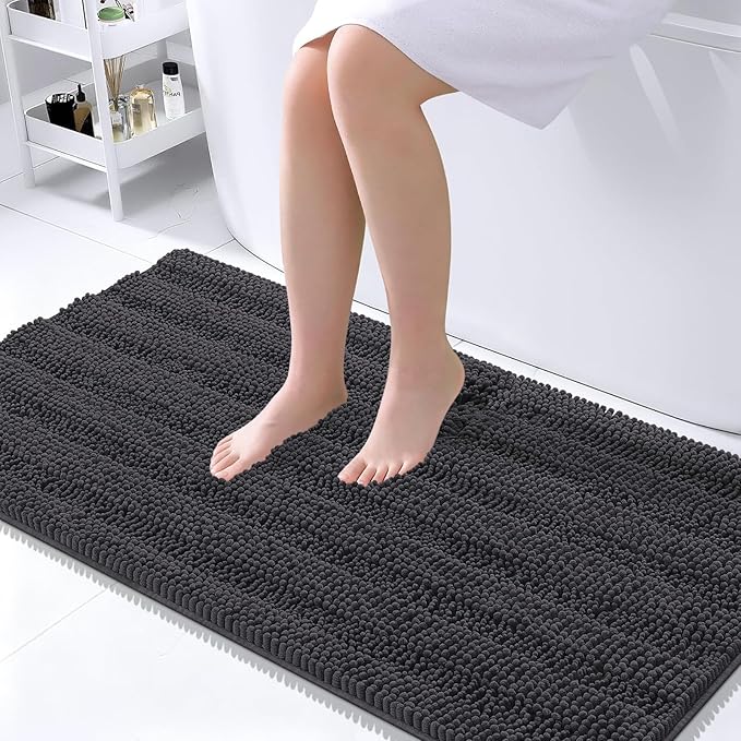 OLANLY Thick Large Bathroom Rugs 45x27, Extra Soft Absorbent Chenille Striped Bath Rugs, Rubber Backing, Machine Wash, Bath Mats for Bathroom Floor, Tub and Shower, Home Decor Accessories, Dark Grey