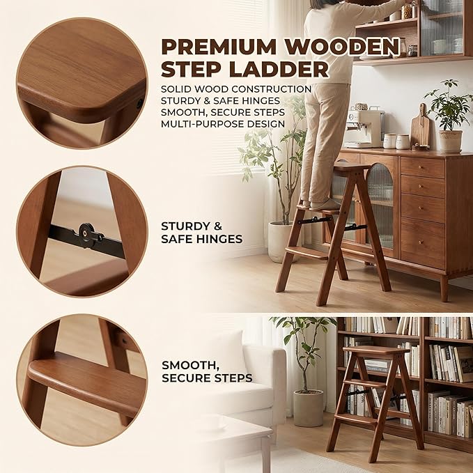 Baveke 3 Step Ladder Folding Step Stool, Wooden Step Stool Foldable, Folding Step Stools for Adults, Bamboo Kitchen Ladder, Three Stepladder for Library (Brown, FSC-Certified Bamboo)