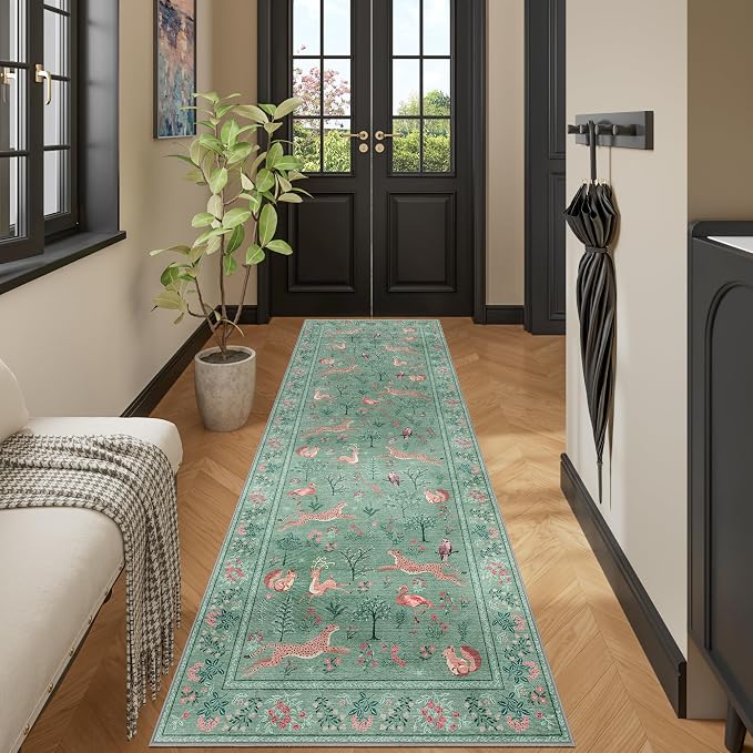 DUKINO 2.6x8 Rug for Hallway, Washable Kitchen Runner Rug with Non Slip Backing, Soft Low Pile Vintage Animal Runner for Bedroom, Kitchen, Hallway, Entryway, Laundry, Teal