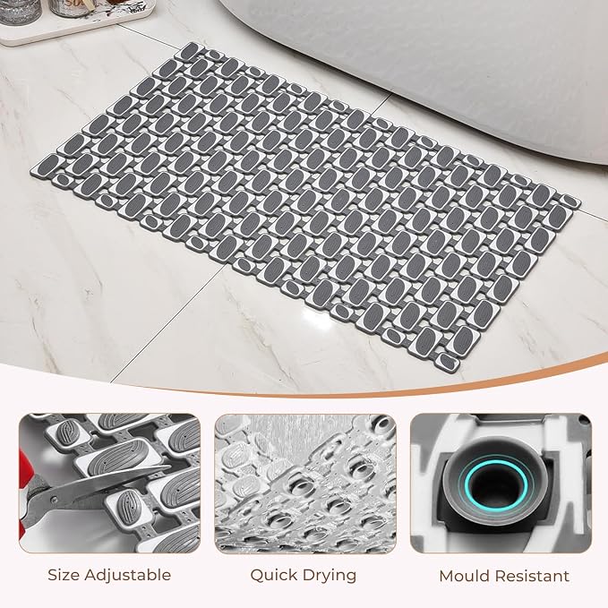Bathtub Mat Non Slip for Bathroom with Suction Cups and Drain Holes 35.4 * 15.7 Grey Shower Mat for Inside Shower, Quick Dry Bath Mat for Kids Seniors Pregnants Adults, Easy to Cut, Easy Dry