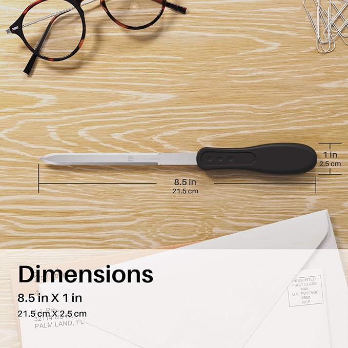 Office Letter Opener - Stainless Steel Knife-Edge Blade, Ergonomic Grip Handle (Black, 6 Pieces)