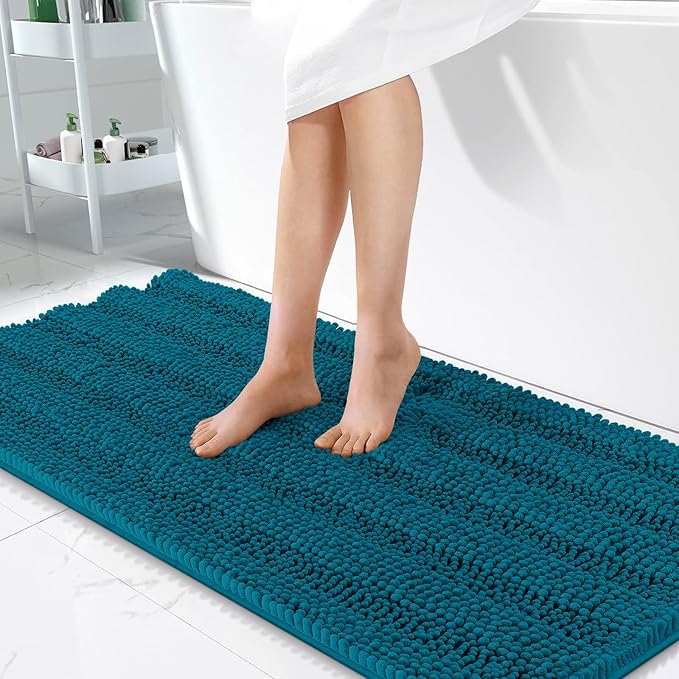 OLANLY Thick Bathroom Runner Rugs 47x24, Extra Absorbent Chenille Striped Bath Rugs, Rubber Backing, Machine Wash Dry, Long Bath Mats for Bathroom, Tub and Shower, Home Decor Accessories, Peacock Blue