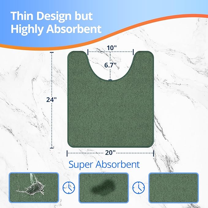 HOMTEB Toilet Rugs U Shaped Washable 24x20, Ultra Thin Toilet Rug Super Absorbent, Toilet Mat Rubber Backing Non-Slip, Toilet Mats Machine Washable Dry Quickly, Contour Bathroom Rugs for Toilet-Green