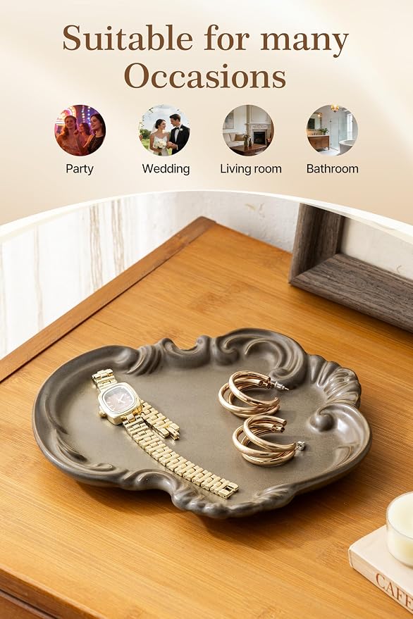 LYEOBOH Jewelry Dish Tray, Ceramic Jewelry Dish, Key Bowl, Decorative Plate, Gifts for Women Best Friend Sister, Retro, Vintage, on Mother's Day, Valentine's Day Christmas, Wedding Gifts, Brown