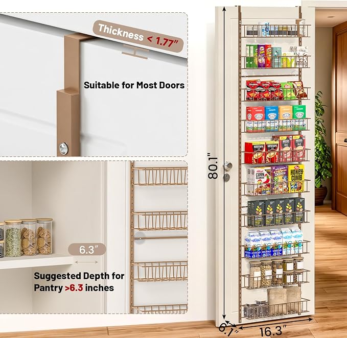 ElegantArray 10-Tier Pantry Door Oragnizer, Over The Door Pantry Organizer Rack and Storage, Hanging Spice Rack Shelves Door, Home Office Laundry Room Bathroom & Kitchen Organization, Brown