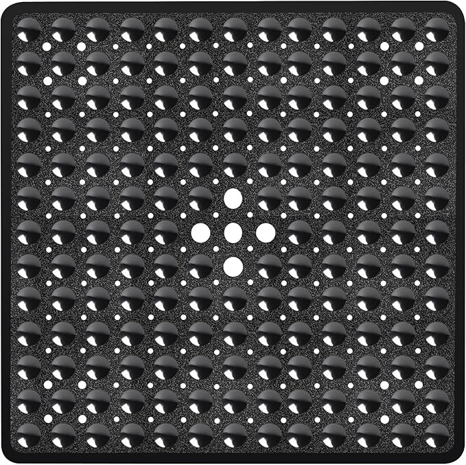 Black Square Shower Bathtub Mat Non Slip 21x21 Inch, Soft Bath Mat for Inside Shower Tub, Shower Stall Mats for Bathroom Floor, Big Suction Cups Drain Holes, Easy Washable and Dry, BPA-Free