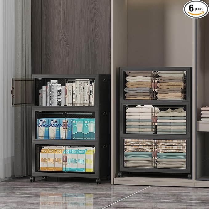 UAMFURI Stackable Storage Bins with Lids & Wheels & Door, Foldable Collapsible Closet Organizers, Extra Large Plastic Storage Drawers for Bedroom Dorm Office Garage (Dark-55qt, 6Pack with 2 top lids)