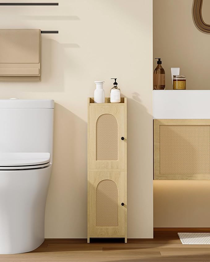 Hzuaneri Bathroom Storage Cabinet, Small Corner Floor Cabinet with 2 Doors and Adjustable Shelf, Narrow Toilet Paper Cabinets, Bathroom Organizer for Small Spaces, 7.9"D x 7.9"W x 29.5"H Rattan Yellow