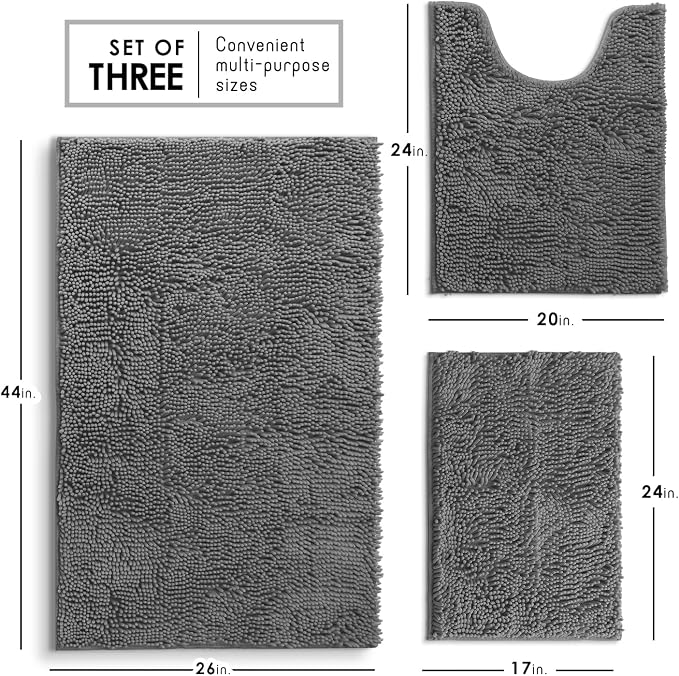 Hearth & Harbor Bathroom Rugs, Chenille Bath Mat - Machine Washable Bath Mats for Bathroom Non-Slip Backing Rubber, Quick Dry Mat - Grey Bath Rug, 17x24-26x44-20x24