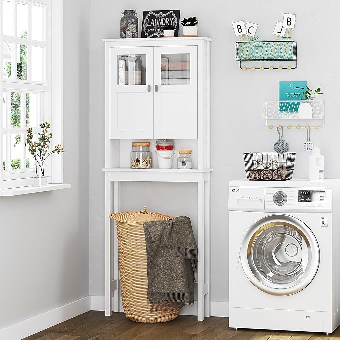 Spirich Bathroom Cabinet Over Toilet, Bathroom Storage Cabinet with Glass Doors and Adjustable Shelves, Over The Toilet Storage Cabinet, White