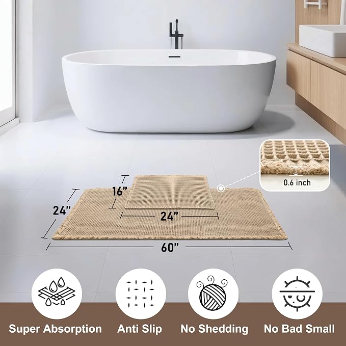 JIUZHEN Set of 2 Waffle Bath Mats Non Slip Waffle Bathroom Runner Rug Washable Boho Runner Bath Rugs Super Absorbent Shower Mat for Bathroom Kitchen Hallway Laundry, 16" x 24" +24" x 60", Brown