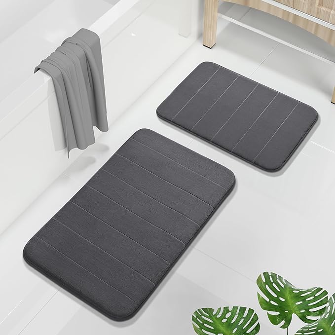 Yimobra Memory Foam Bathroom Rugs Sets 2 Piece - Super Soft Absorbent Quick Dry Bath Mat Set, Machine Washable Non Slip Floor Carpet for Tub Shower & Single Sink (17x24 & 31.5x20 Inch, Dark Gray)