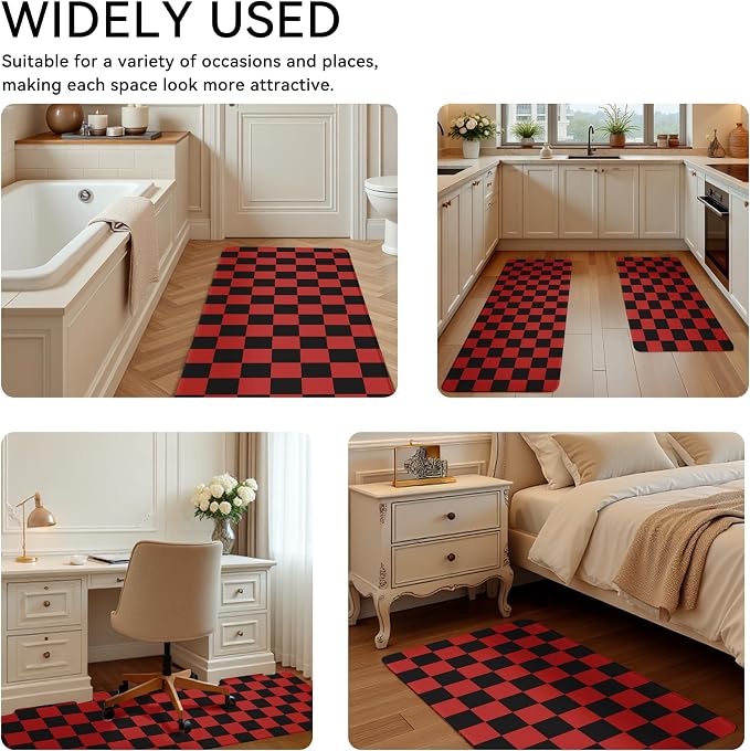 Black Red Christmas Checkered Grid Checkerboard Kitchen Rug Sets [2 PCs], Anti-Fatigue, Waterproof Non-Slip Kitchen Mats Heavy Duty Comfort Foam Rug for Kitchen, Floor, Laundry,17"x29"+17"x47"