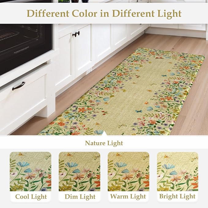 KIMODE Anti Fatigue Mats for Kitchen Floor 17"x47"+17"x29", Brown Butterfly Floral Kitchen Rugs Sets of 2, Cushioned Kitchen Floor Mats, Non Slip Standing Mat for Sink Laundry Office Desk