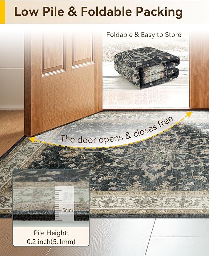 RELEANY Area Rugs 4'x6' Washable Non-Slip, Floral Vintage Distress Medallion Carpet for Living Room Bedroom Dining Room, Vintage Black Brown Neutral