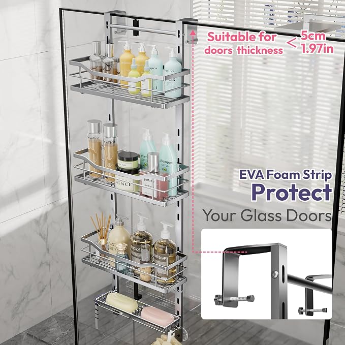 SWTYMIKI Over the Door Shower Caddy - 4 Tier Adjustable Shower Organizer Hanging with Soap Holder, No Drilling Stainless Steel Bathroom Rack Hanging for Body Wash, Shampoo, Soap, Razor, Silver
