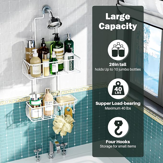 Epicano Shower Caddy Hanging Over Head, White,Stainless Steel | Rustproof,4 Hooks for Towels,Sponge and & Bathroom Accessories,Anti-Swing Suction Cups & Adhesive hooks