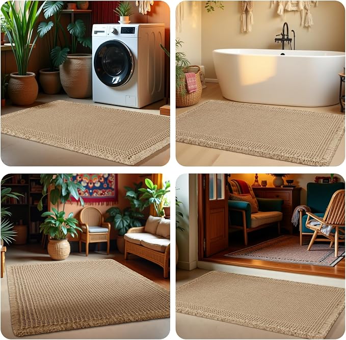 Upgrade Waffle Bath Mat, Boho Bathroom Rugs Absorbent Non Slip, Ultra Soft Bathroom Mat, Machine Washable Knit Bath Rugs with Border for Bathroom, Bedroom, Kitchen, Shower, Tub, 32"x20", Beige