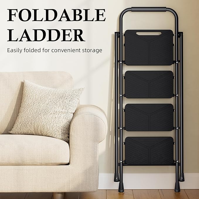 Urackify 4 Step Ladder, Portable Folding Ladder for Multi-Purpose, Home, Kitchen, Heavy Sturdy Steel Step Stool with Handrail, Anti-Slip Wide Pedals, Safe-Lock Design, Pass 500lbs Load Testing, Black