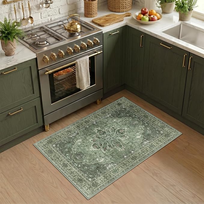 RELEANY Area Rugs Small 2'x4' Washable Non-Slip, Floral Vintage Distress Medallion Carpet for Kitchen Entryway Bathroom, Dark Green Gray