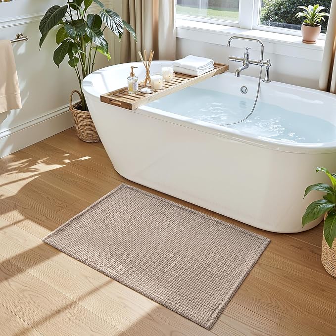DEXI Bathroom Rugs 24x16, Non Slip Washable Bath Mat, Absorbent Chenille Bathmat, Ultra Soft Thick Carpet for Tub Shower Floor, Dark Beige