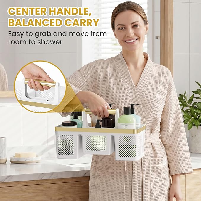 BYUNER Portable Cleaning Caddy & Shower Basket: Hard Plastic Caddy Organizer with Handle, 4 Divided Compartments, All-Side Drainage for Bathroom, Dorm & Utility, College Dorm Room Essentials