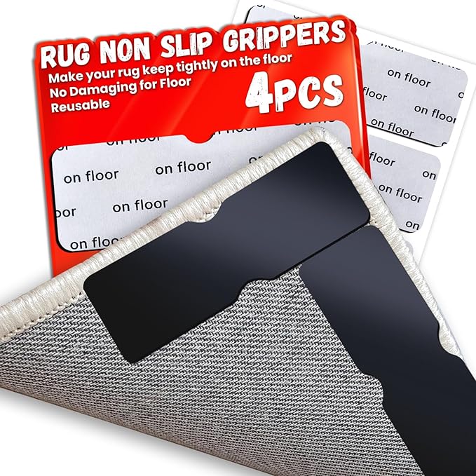 Rug Non Slip Grippers, Reusable Rug Tape Pads for Hardwood Floors, Laminate Floor, Tiles, No Residue on Flooring, Strong Adhesive Carpet Tape for Area Rugs, Keep Corners Flat (4)
