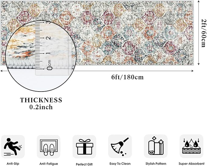 Lahome Moroccan Trellis Hallway Runner Rug, 2x6 Kitchen Runner Rugs Non Skid Washable, Vintage Laundry Room Rug Ultra-Thin Long Carpet for Bathroom Bedroom Entryway Elise, Aqua/Multi