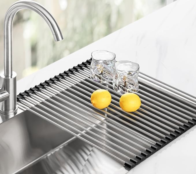 Tomorotec 17.7" x 15.5" Roll Up Dish Drying Rack Over Sink Drying Rack Sink Cover Kitchen Sink Accessories Gadget Multipurpose Organizer Foldable Stainless Steel Drainer