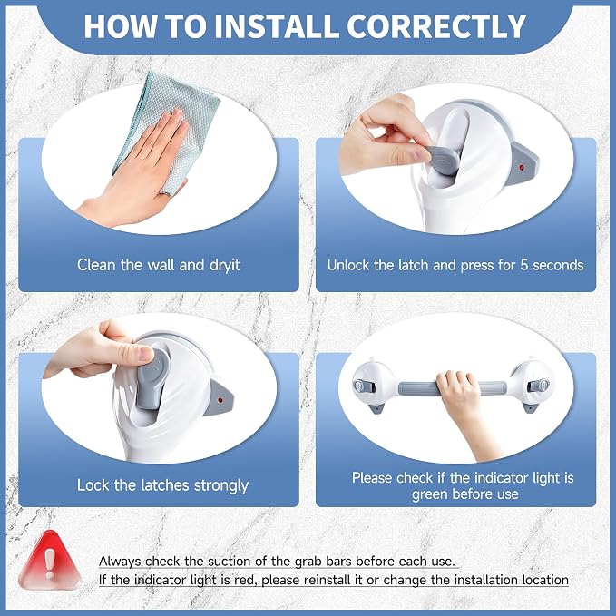 Suction Cup Grab Bars 16.5 Inch, 2 Pack Anti Slip Bathroom Grab Bar, No Drill Handicap Grab Bars, Removable Safety Support Handrail, Assist Bath Shower Handle for Elderly Injury Senior 1.37" Dia