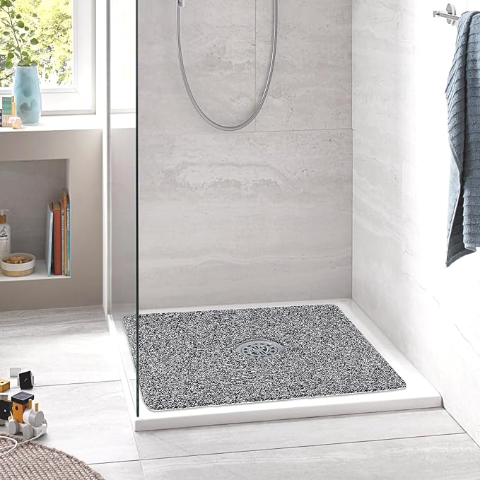 Shower Mat Non Slip: 24 x 24 Inch Square Shower Mats with Drain Hole in Middle - Soft Loofah Quick Drying Matt for Shower Stall