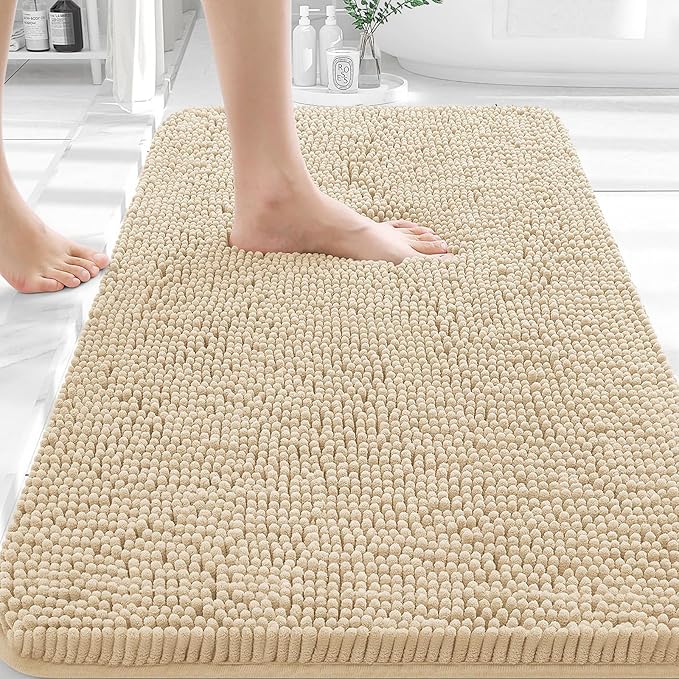 OLANLY Bathroom Rugs 35x24, Extra Soft Absorbent Chenille Bath Rugs, Rubber Backing Quick Dry, Machine Washable Bath Mats for Bathroom Floor, Tub and Shower, Home Decor Accessories, Beige