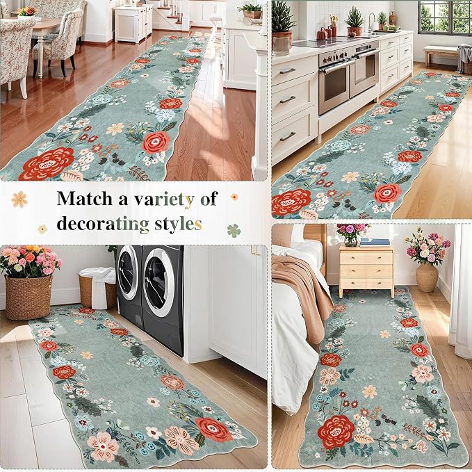 Runners for Hallways, 3x6 Runner Rug Non Slip with Soft Low Pile, Boho Floral Runner for Kitchen, Living Room, Entryway, Bedroom, Bathroom, Kid & Pet Friendly, Green